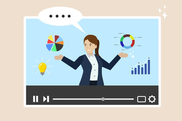 Wall Mural - Explanatory video training course, expertise explaining online business strategy, video clips or tutorials, expert entrepreneur explaining business pie chart in video interface.