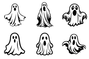 Collection of simple flat ghosts vector. Halloween scary ghostly monsters cartoon. Cute cartoon spooky character