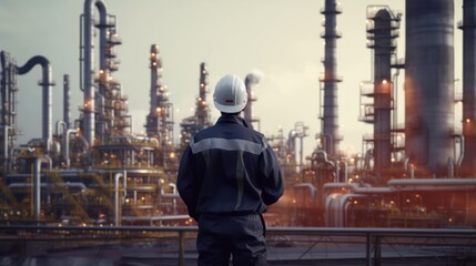 Wall Mural - back view of worker at oil refinery 