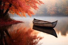 Serene Ambiance Of An Autumnal Forest. Morning Mist Rises Gently Off A Calm Pond, Reflecting Fiery-red Maple Trees And Golden Oak Leaves. The Stillness Is Only Broken By A Lone Wooden Rowboat Tied To 