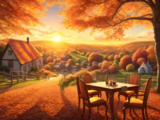 Canvas Print - Autumn Countryside Landscape, Generative AI Illustration