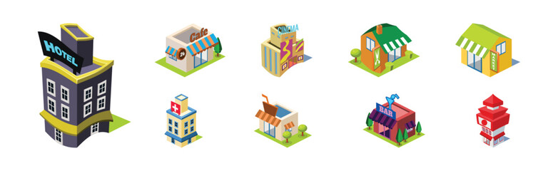 Sticker - City Building and Commercial Infrastructure Isometric Vector Set