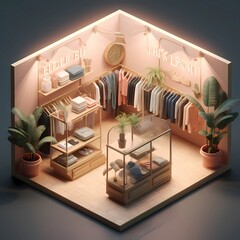 Wall Mural - Detailed 3D illustration isometric block of a small stylish women's fashion showroom boutique. Hangers with clothes, reception, plants, mirrors on the walls