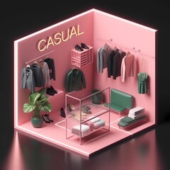 Wall Mural - Detailed 3D illustration isometric block of a small stylish women's fashion showroom boutique. Hangers with clothes, reception, plants, mirrors on the walls