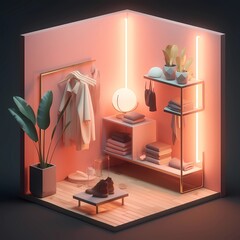 Wall Mural - Detailed 3D illustration isometric block of a small stylish women's fashion showroom boutique. Hangers with clothes, reception, plants, mirrors on the walls