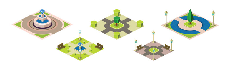 Poster - Public City Park Area with Green Tree, Fountain and Lamp Post Vector Set