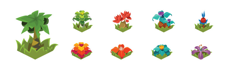 Sticker - Fantasy Plant and Flower Growing in Ground Isometric Vector Set