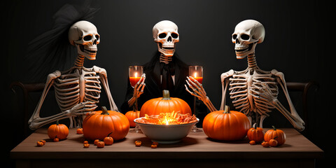 illustration of skeletons which sitting at festive table and celebrating Halloween. Halloween party