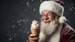 © mariiaplo - Santa Claus eating ice cream in a waffle cone on a dark background