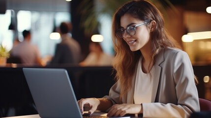 Canvas Print - A woman is happily working on her laptop in a bustling cafe, surrounded by other people enjoying their time, sipping coffee, and reading