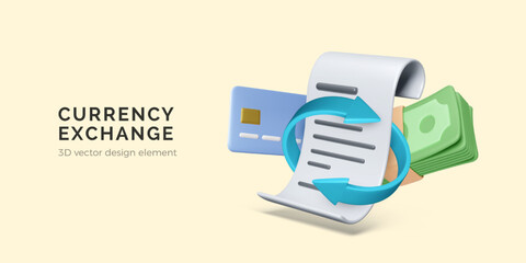 Exchange currency concept. Cash replenishment of bank account. Paper bill with arrows and credit card and dollars. Manage money. Vector