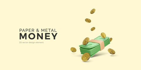 Wall Mural - 3D falling money. Gold coins with dollar symbol and green paper bundle of currency. Cartoon cash profit. Money management and success investment. Vector