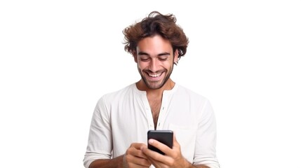Poster - Man holding mobile phone, smiling businessman in suit, communicating via technology