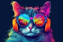 Cool Hipster Cat Stylish Hat And Vintage Round Sunglasses Listening To Music On Colorful Background Wireless Headphones. Creative Concept Animal Style
