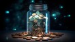 Fantasy dark night scene of a glass jar full of cash coins, ai generative