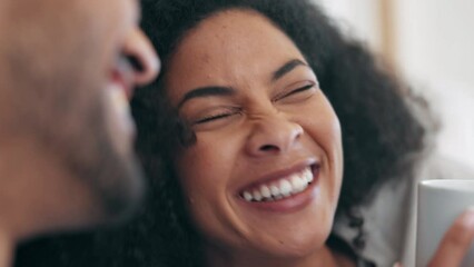 Sticker - Coffee, morning and funny couple laughing at joke together in the morning in a home bedroom as bonding. Love, care and woman with man for romance and to relax with fresh cup of tea or espresso