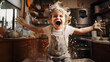 A joyful boy making a delightful mess in the kitchen with flour or cake mix, dirty but having cheeky fun