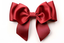 Red Ribbon Gold Bow Isolated On White, In The Style Of Rich Color Contrasts, Close-up, Dark White And Maroon, 