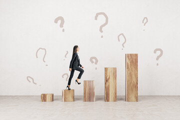 Wall Mural - European woman climbing abstract wooden plank business chart on concrete wall background with question marks. Financial growth and strategy concept.