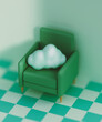 Cartoon room with armchair. White cloud in green chair. 3d render, 3d illustration.