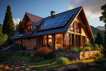 Poster - Close up of a new building with solar panels on the roof. Sustainable and clean energy at home.  Generative AI technology...