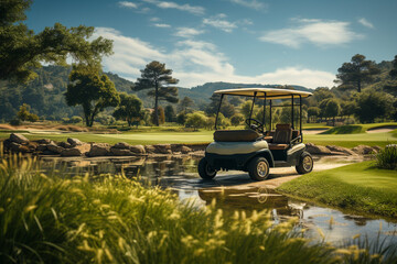 Poster - A day at a resort golf course, nice weather, beautiful course layout. Golf cart in front, golfers walking to the green, blurred human motion Generative AI technology...