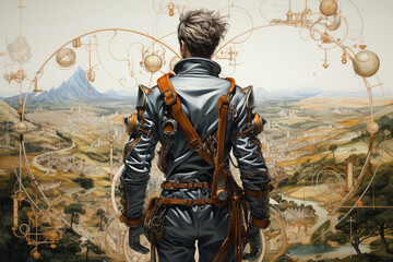 Aufkleber - A wide-open landscape with an adventurous figure exploring, symbolizing Sagittarius' love for travel, exploration, and freedom. Generative AI technology...