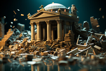 Poster - Bank collapse. A bank or financial institution, going down failing or collapsing Generative AI technology...