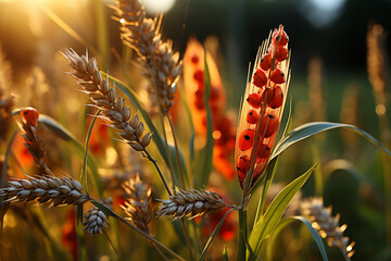 Poster - Green spikelets with a ladybug on the background of a field in the rays of the setting sun. Concept of organic farming, agricultural pests Generative AI technology...
