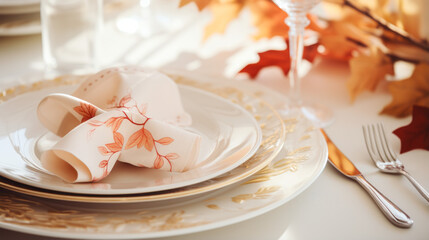 Autumn place setting with fall leaves, napkin and pumpkins. Thanksgiving autumn place setting with cutlery and arrangement of fall leaves. Generative AI.