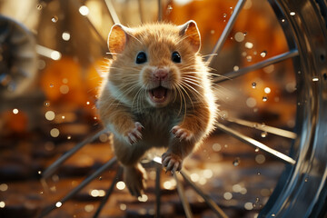 Aufkleber - A hamster running on a wheel in its cage, reflecting the popularity of small rodents as low-maintenance and interactive pets. Generative AI technology...