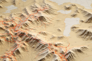 Wall Mural - Detailed topographic map unfurled, with marked climbing routes, guiding adventurers on their journey to the summit