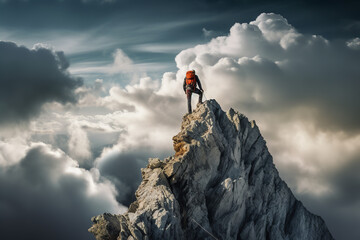 Wall Mural - Lone climber attaining a summit, with brooding clouds as backdrop, evoking the fleeting boundary between triumph and nature's unpredictability