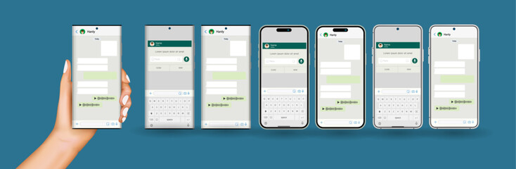 Poster - Hand holds the smartphone with messenger application. Mobile phone in man’s hand. Flat vector modern phone mock-up illustration.