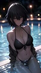 Canvas Print - beautiful mature anime woman age 35, short wet wavy black hair, in an infinity pool in private pool at night, wearing wet bikini swimsuit, all her body skin very drenched in wet water. generative AI