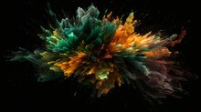 Green And Brown Paint Splashes Erupt In A Fantasy Explosion On A Black Background Canvas, Creating A Colorful Symphony In Free Space. Ganerative AI