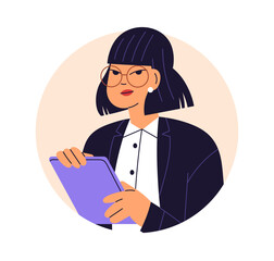 Poster - Business woman, face avatar. Female employee, office worker. Asian businesswoman, CEO in eyeglasses with clipboard in hand, head portrait. Flat graphic vector illustration isolated on white background