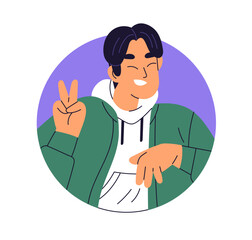 Poster - Happy young man, V sign, victory hand gesture. Excited guy,face avatar, head portrait. Funny positive smiling person in circle, user profile. Flat vector illustration isolated on white background