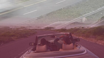 Poster - Animation of road over biracial couple in car road trip