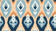The Traditional Ikat Pattern Is A Pattern Of Yellow, Orange And Blue, In The Style Of Light Sky-blue And Dark Beige, Pattern-based Painting, Light Pink And Dark Navy, Earth Tone Color Palette, Turquoi