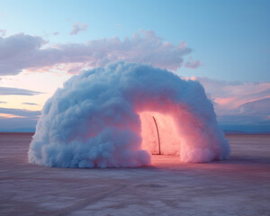 Wall Mural - Futuristic beautiful portrait of a iglo in a surreal dreamy cloud punk setting with a huge oversized pink fur clouds on the pastel sunset beach. 