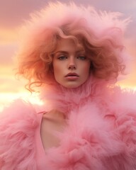 Wall Mural - Futuristic beautiful portrait of a blonde woman in a surreal dreamy cloud punk setting with a huge oversized pink fur jacket on the pastel beach. 