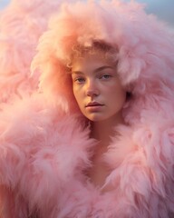 Wall Mural - Futuristic beautiful portrait of a blonde woman in a surreal dreamy cloud punk setting with a huge oversized pink fur jacket on the pastel beach. 