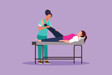 Wall Mural - Character flat drawing of therapist helping woman patient to raise leg for exercise. Physical therapy treatment. Rehabilitation center. Passive and active exercise. Cartoon design vector illustration