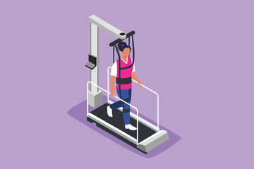 Wall Mural - Character flat drawing physiotherapy rehabilitation isometric composition with pretty woman walking on medical running machine doing exercises. Healthcare treatment. Cartoon design vector illustration