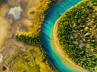 Wall Mural - fall landscape. a drone view of the river in the woods. an aerial view of an autumn forest. winding 