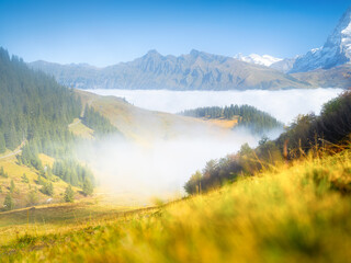 Wall Mural - mountain landscape. view of a high mountain in a valley. huge sharp rocks and clouds. landscape in s