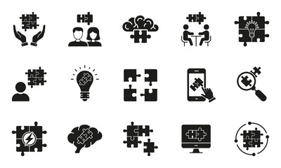 Wall Mural - Teamwork, Collaboration, Team Building, Unity Silhouette Icon Set.Puzzle Jigsaw Matching Glyph Pictogram. Business Partnership Connect. Success in Community Solid Symbol. Isolated Vector Illustration