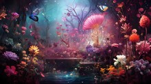 Surreal Fantasy Land With Large Forest. Beautiful Magical Fairy Tale Enchanted Forest. Surreal, Abstract Digital Painting.