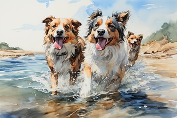 Sticker - Beautiful and colorful watercolors of dog puppies.